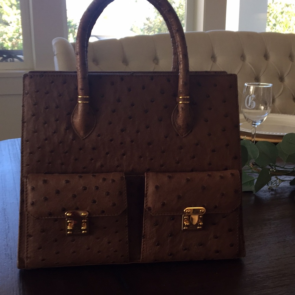 Lana Marks ostrich brown handbag